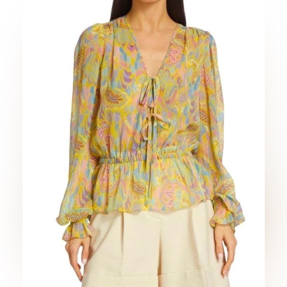 Ramy Brook Evie Paisley Print Tie Front Peplum Sheer Sleeve Blouse Yellow Small